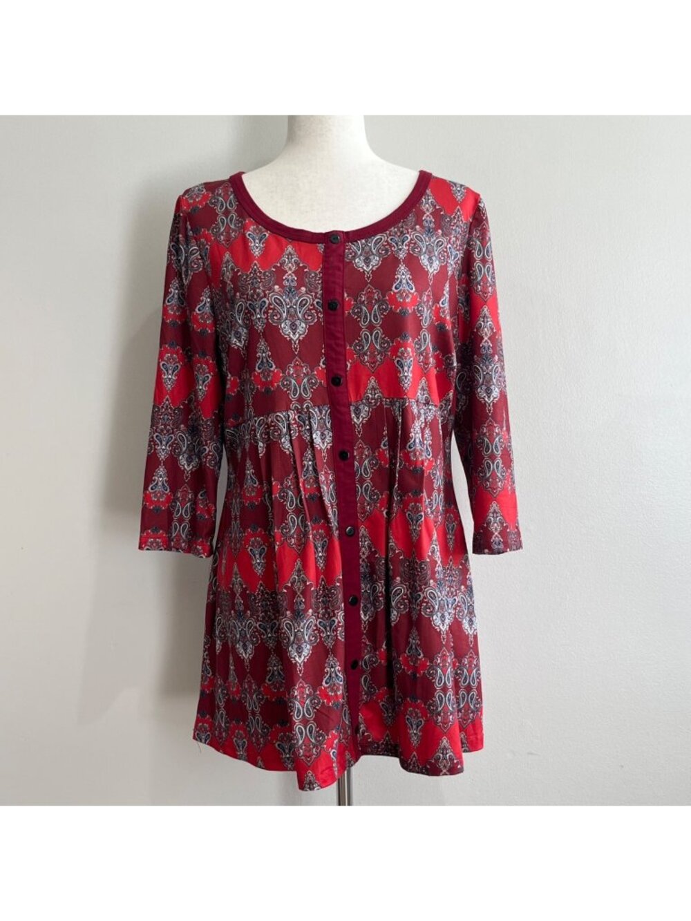 Reborn Mini Fit and Flare Dress Womens L Red Paisley Print Button Up